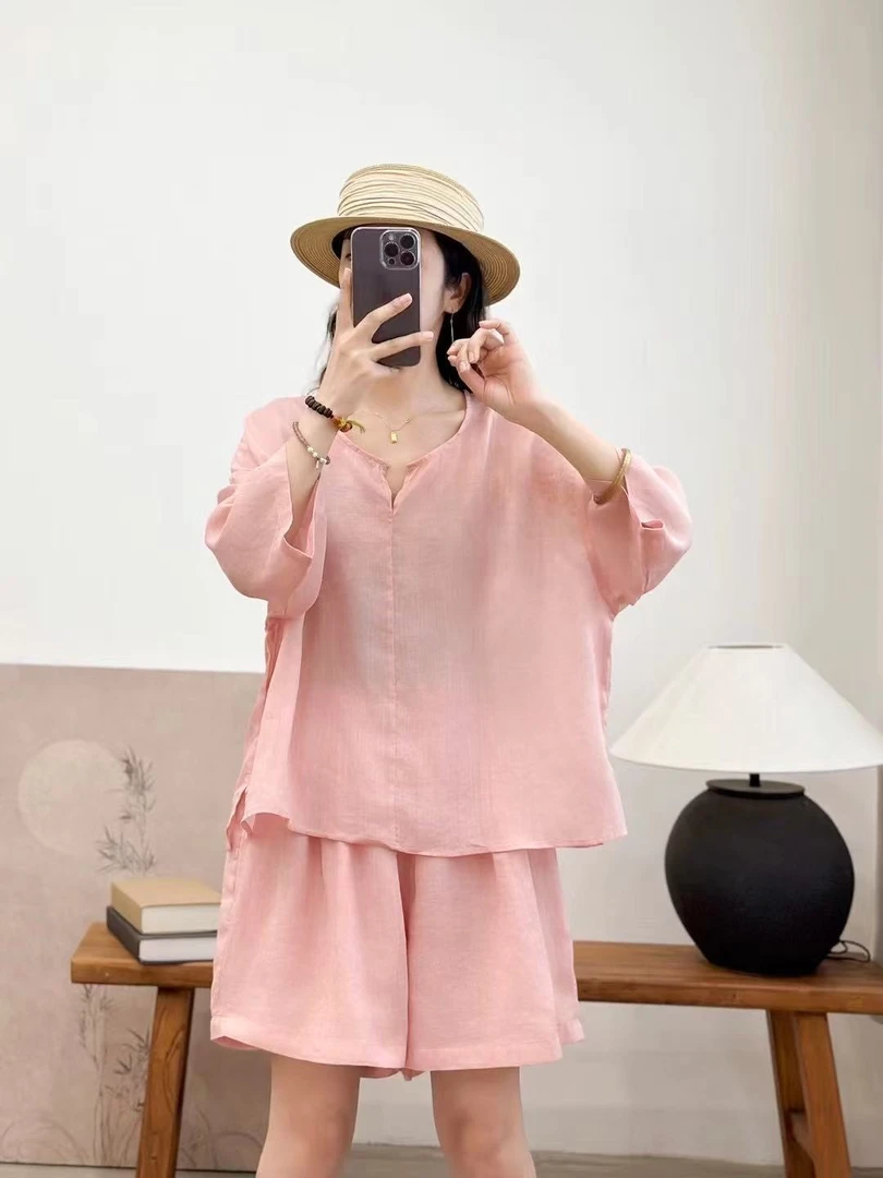 新款纯苎麻经典款上衣加短裤套装