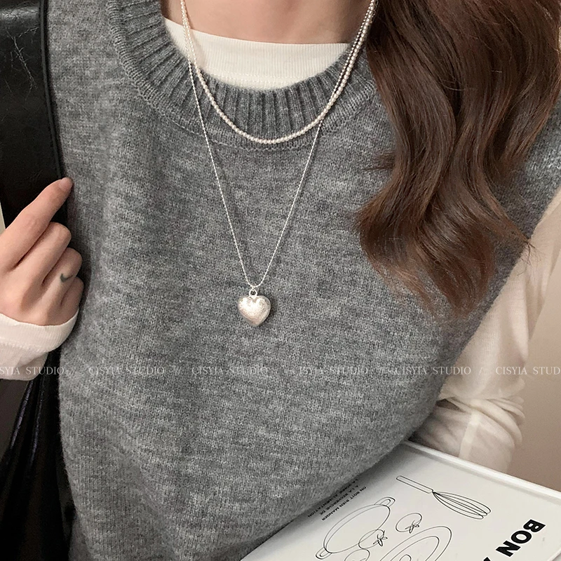 铜合金项链 银色拉丝爱心长款项链女秋冬高级百搭通勤毛衣链配饰