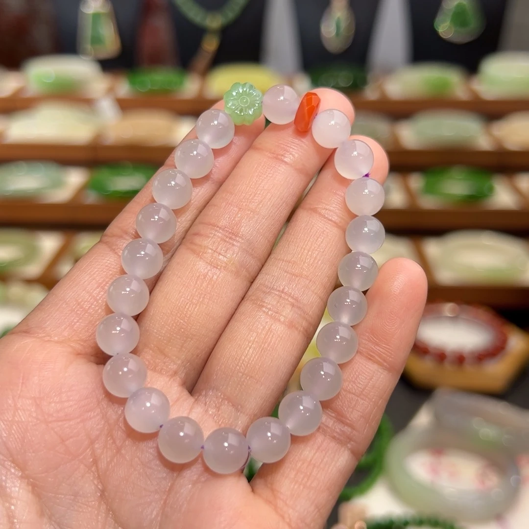 和田玉手串未镶嵌冰底烟紫卡7.8