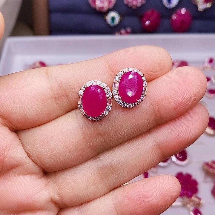 银S925镶嵌耳饰红宝石