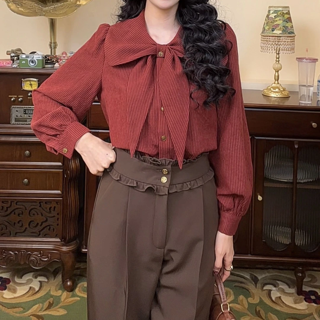 清【港万】港风复古蝴蝶结设计感衬衫Y3677