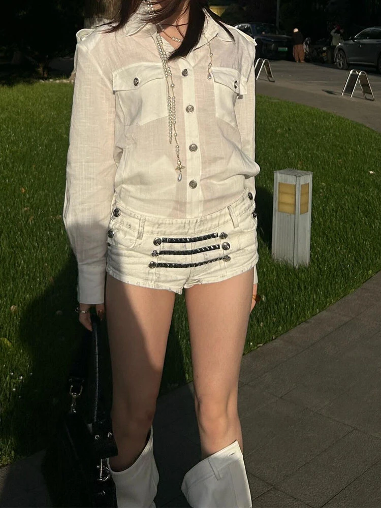 美式高街设计感链条装饰牛仔裤子女y2k千禧辣妹做旧低腰显瘦热裤