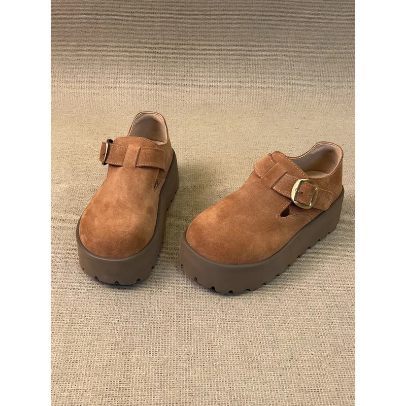 nnmiss·35-39/5.5cm增高厚底勃肯鞋百搭复古风圆头皮带扣深口单鞋