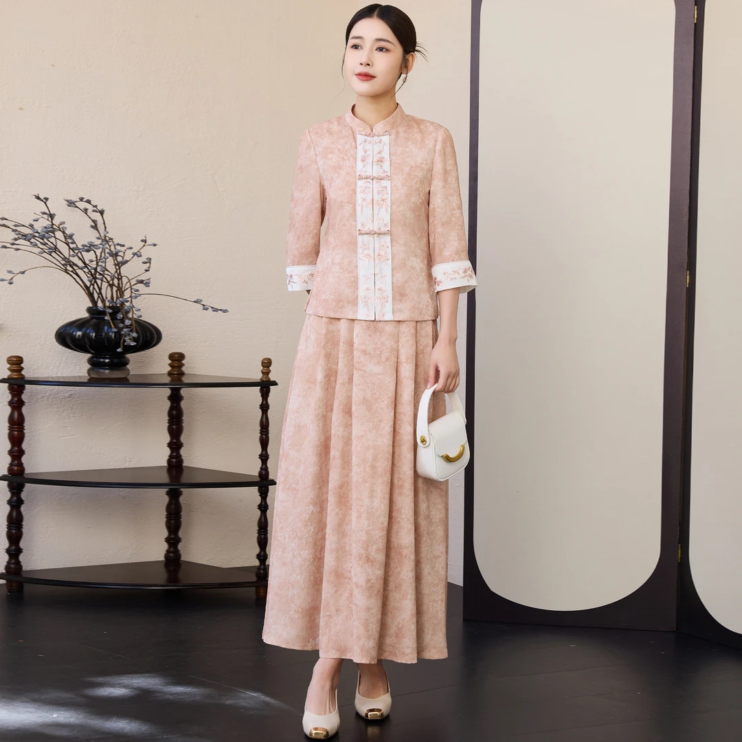 【H088】新中式改良盘扣上衣半裙旗袍禅意唐装新款女装茶服两件套