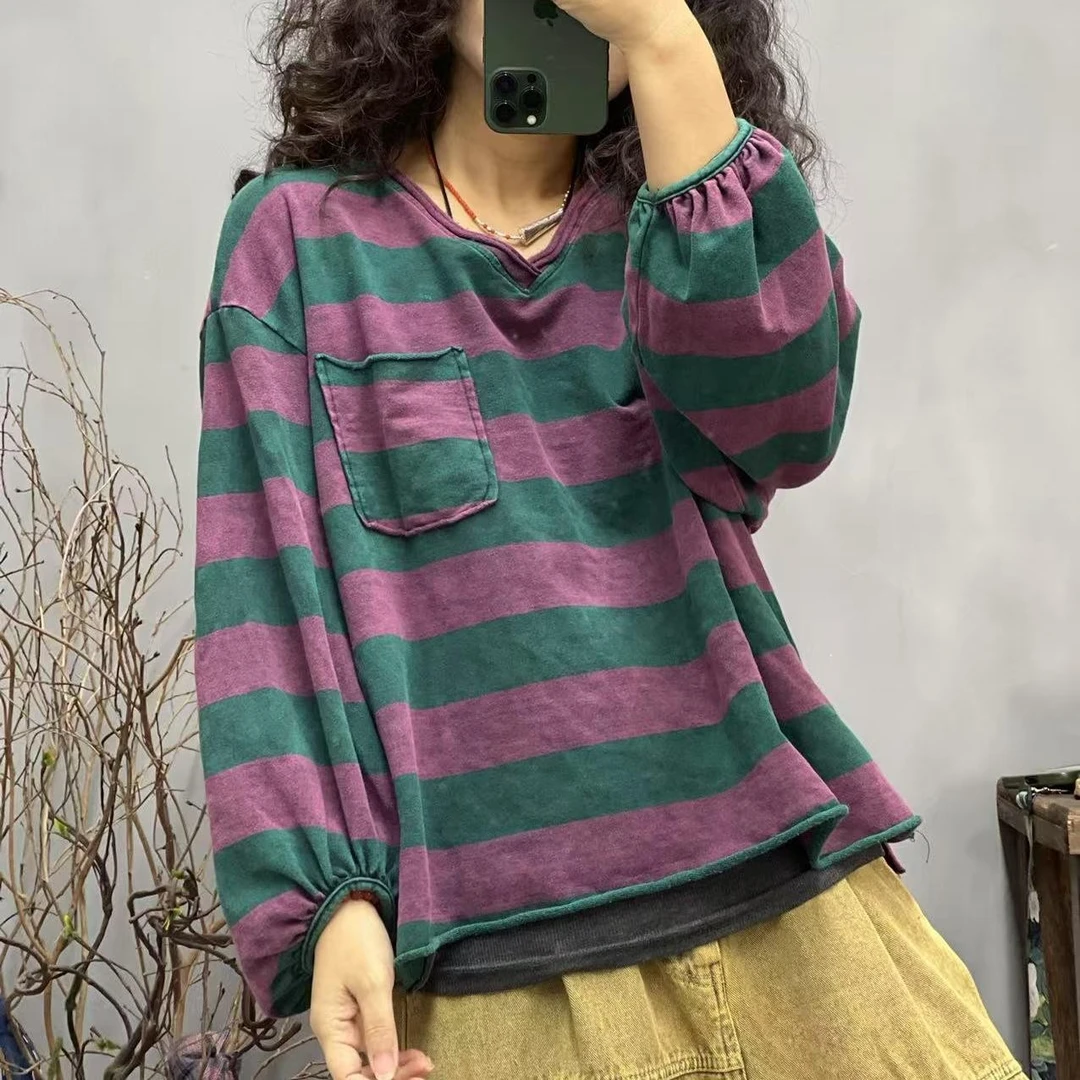 F30 5029 春季新品V领休闲百搭彩色宽条女士上衣T恤 胸围132长58