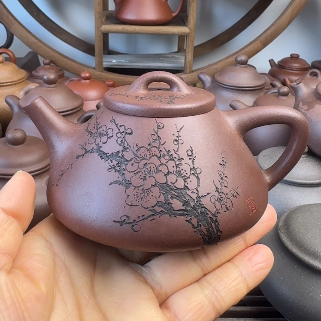 天***康茶壶紫砂200cc子冶石瓢刻绘微瑕特价处理