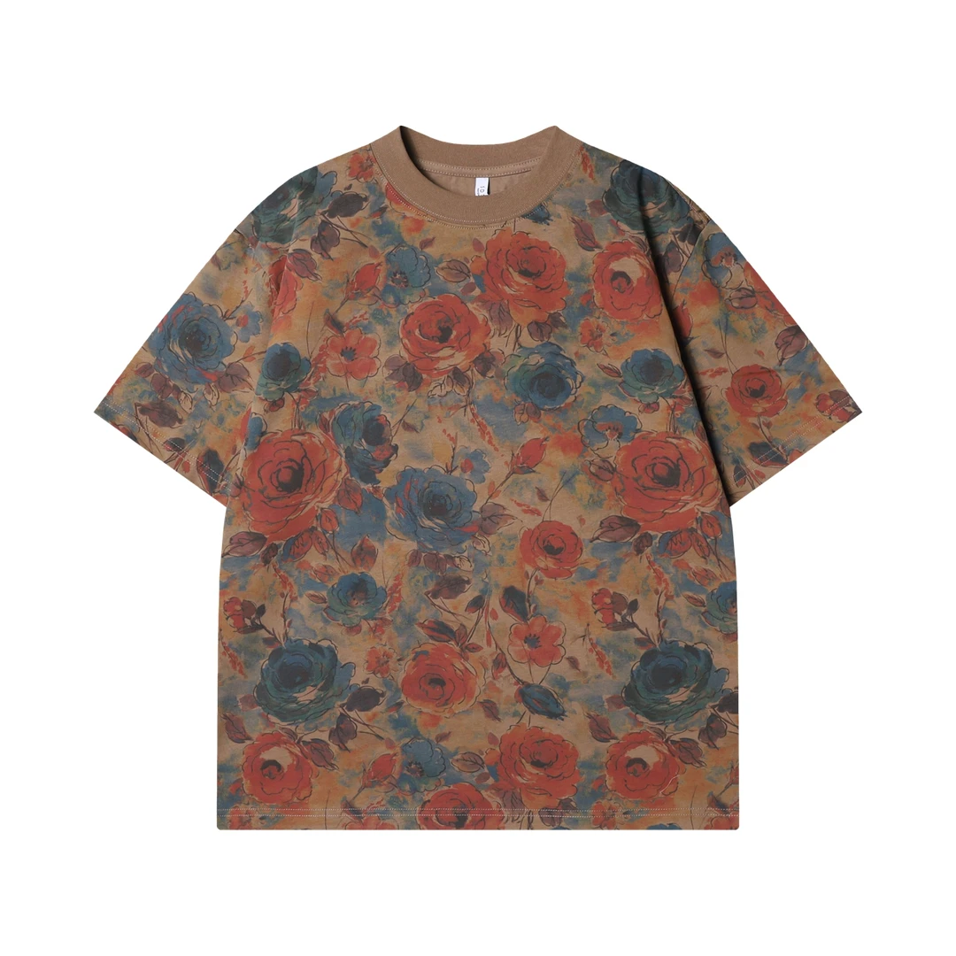 T3166夏季高级感潮牌满印撞色玫瑰花圆领短袖T恤百搭潮流套头上衣