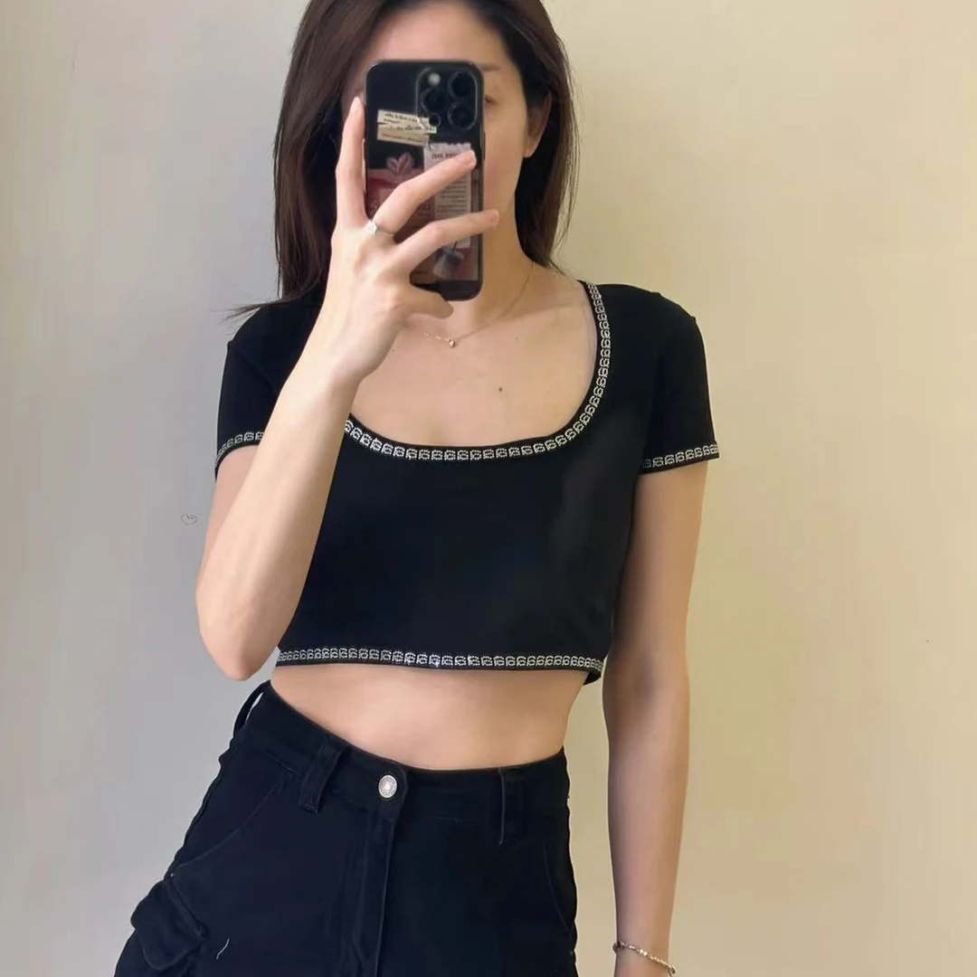 未使用 ALEXANDER WANG logo贴钻U领短款T恤