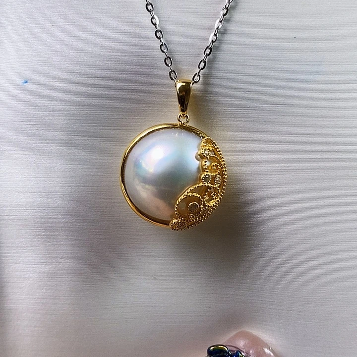 银S925镶嵌拼合珍珠（马贝珠）颈饰15-16mm