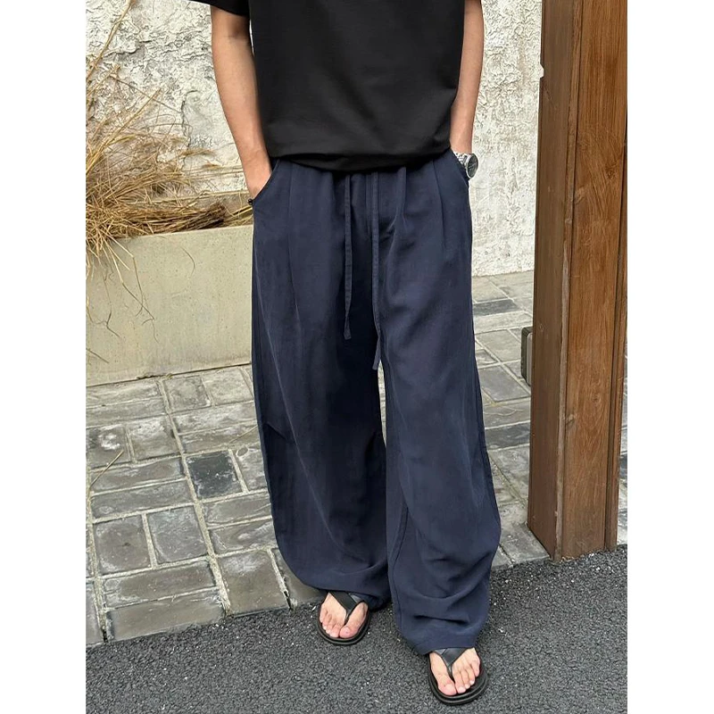 Sialoss老钱风亚麻裤子男款2025夏季透气阔腿弯刀裤休闲直筒长裤