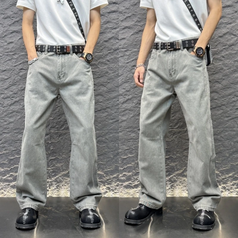 经典纯色褶皱直筒牛仔裤秋冬新款男士百搭高街男士弹力直筒牛仔裤