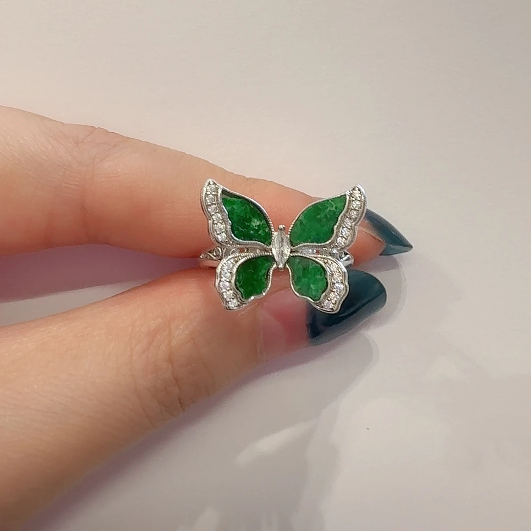 翡翠银S925镶嵌戒指蝴蝶mq
