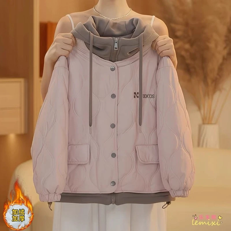 女童假两件棉服2025秋冬款中大童夹棉羽绒棉服连帽二棉衣加厚加绒