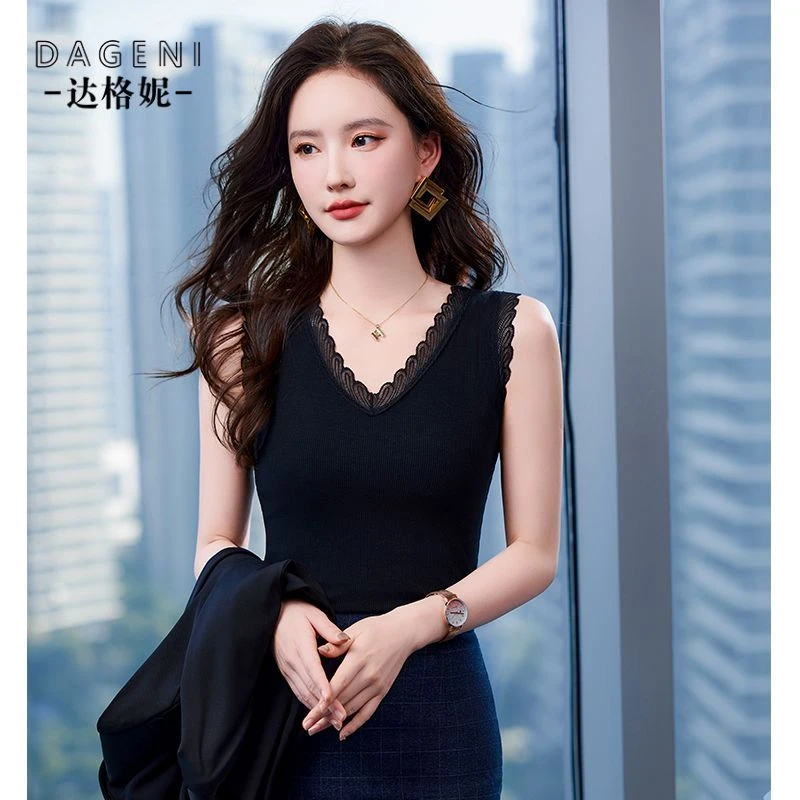 V领蕾丝边吊带背心女2025春夏新款西装内搭无袖上衣外穿打底小衫