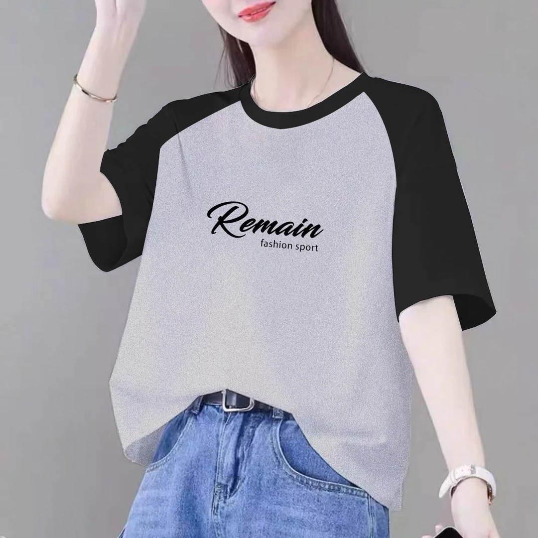 100%纯棉短袖t恤女夏季新款大码宽松休闲减龄撞色假两件圆领上衣