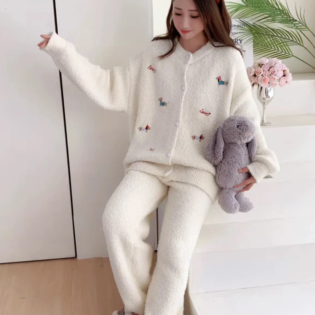 圆领加厚半边绒开衫睡衣女秋冬甜美仙女风保暖家居服