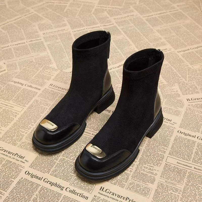 秋冬女时装靴秋季女靴马丁靴拼接绒面瘦瘦靴春秋