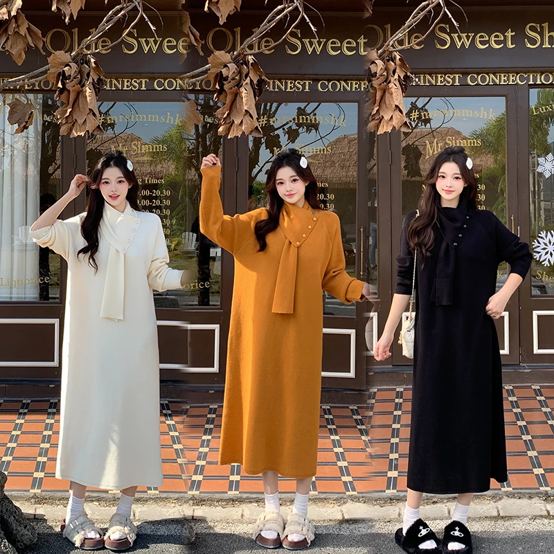 2025冬装新款胖mm大码女慵懒风围巾休闲中长款针织连衣裙 72138