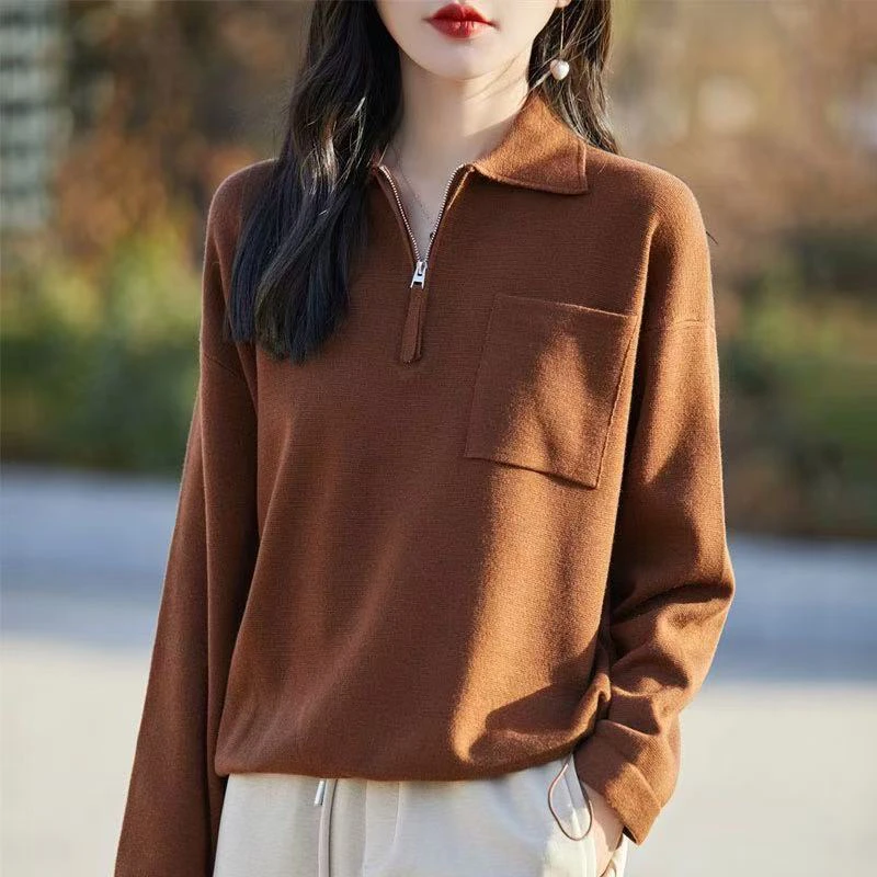 女士POLO领抽绳半拉链针织精纺羊毛衫