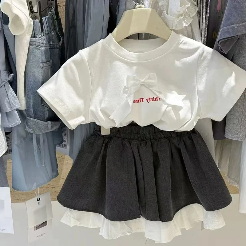 韩版女童2025夏季新款洋气多巴胺宝宝白色蝴蝶结T恤灰色短裙