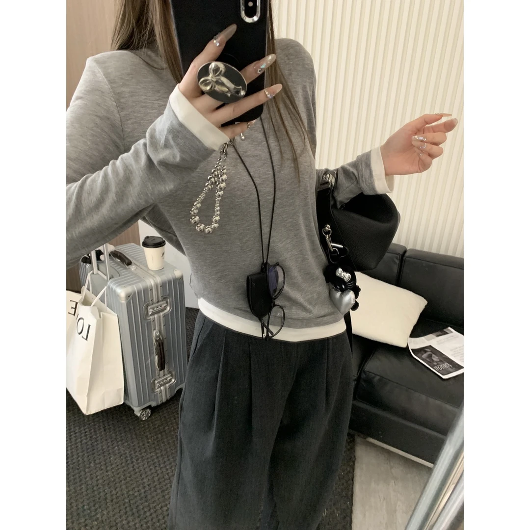 YIBAN莱赛尔天丝撞色修身显瘦假两件长袖T恤女软糯亲肤圆领打底衫