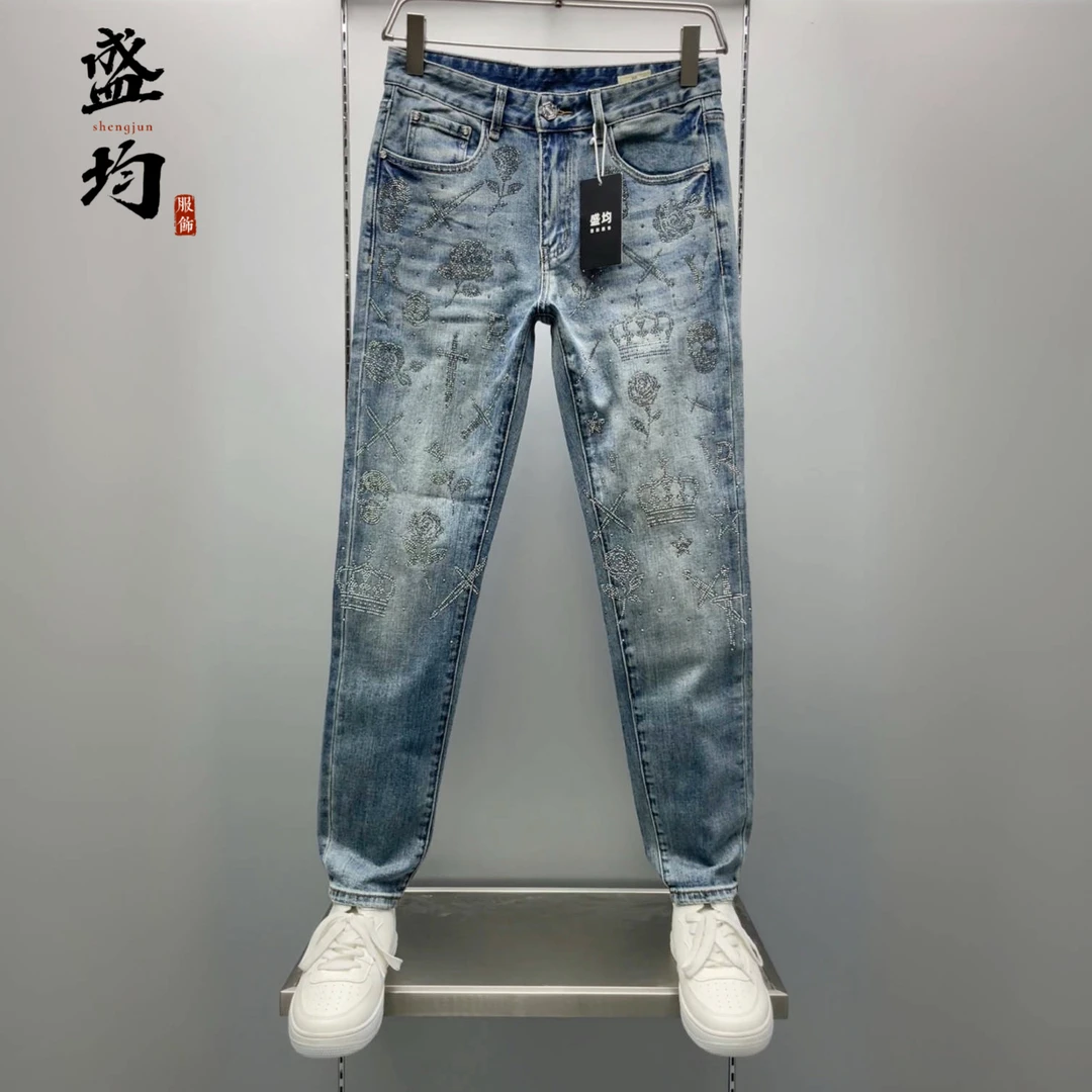 盛均烫钻牛仔裤男修身小直脚秋季2025新款弹力高奢欧货休闲百搭