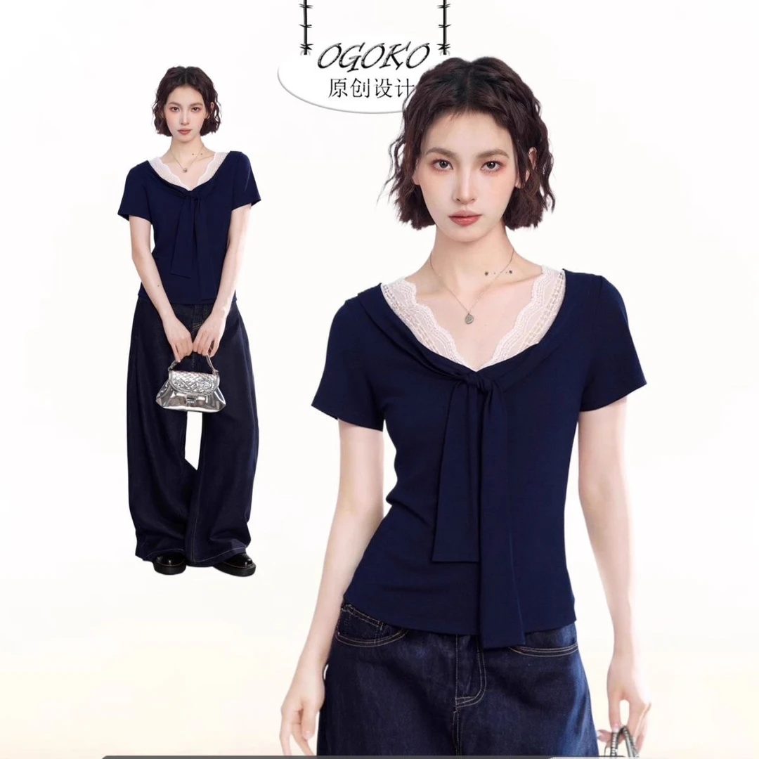 藏青色蕾丝V领披肩正肩短袖t恤女夏季新款女生纯欲慵懒风女装
