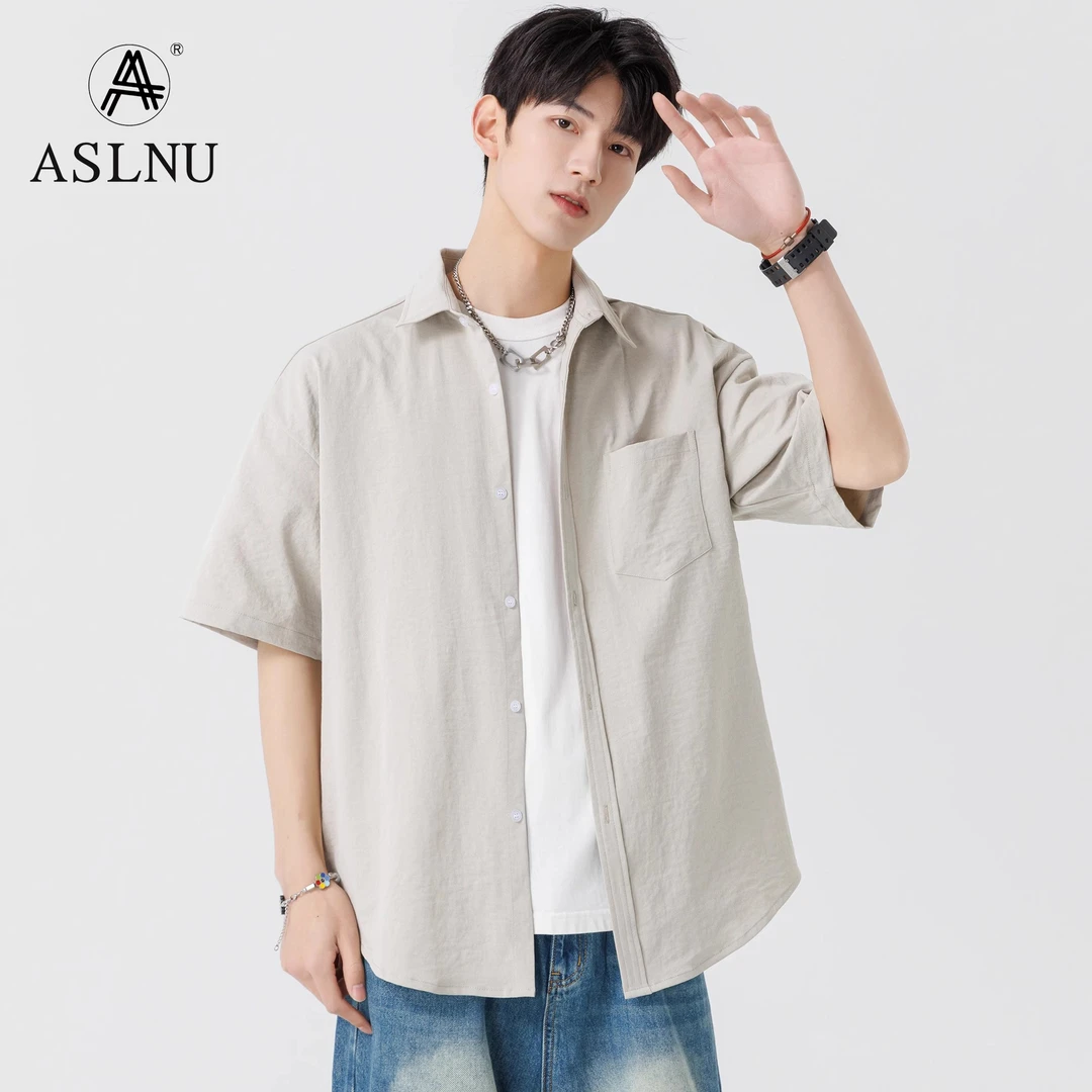 日系冰丝短袖衬衫男夏季薄款纯色大码宽松休闲男生半袖衬衣t恤潮