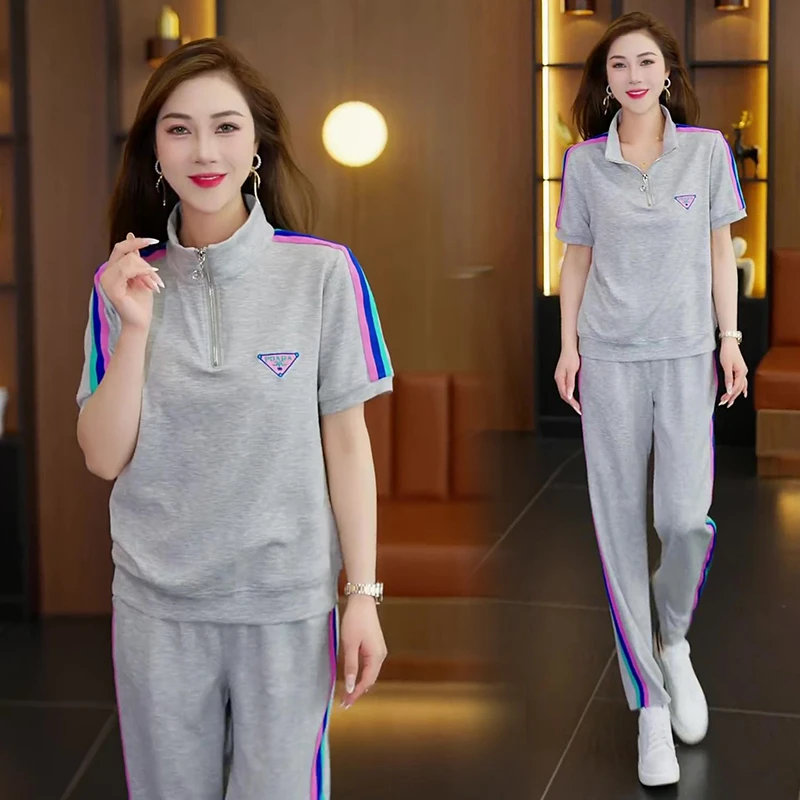 烫砖短袖套装2025夏季新款时尚两件套中老年女拉链减龄百搭妈妈装