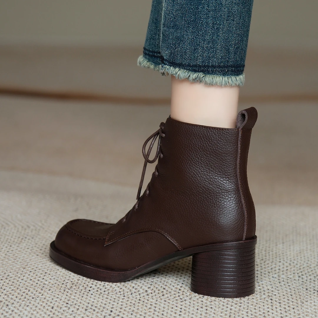 MENEER-M  2025新款真皮圆头复古粗高跟短靴女英伦风系带马丁靴子