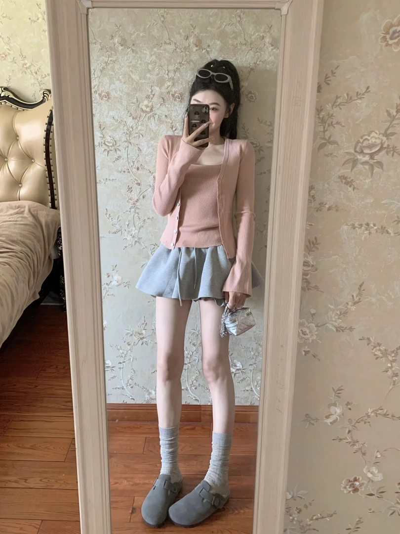 女生韩系ins衣服内搭背心长袖针织开衫早秋新款高腰显瘦半身裙子