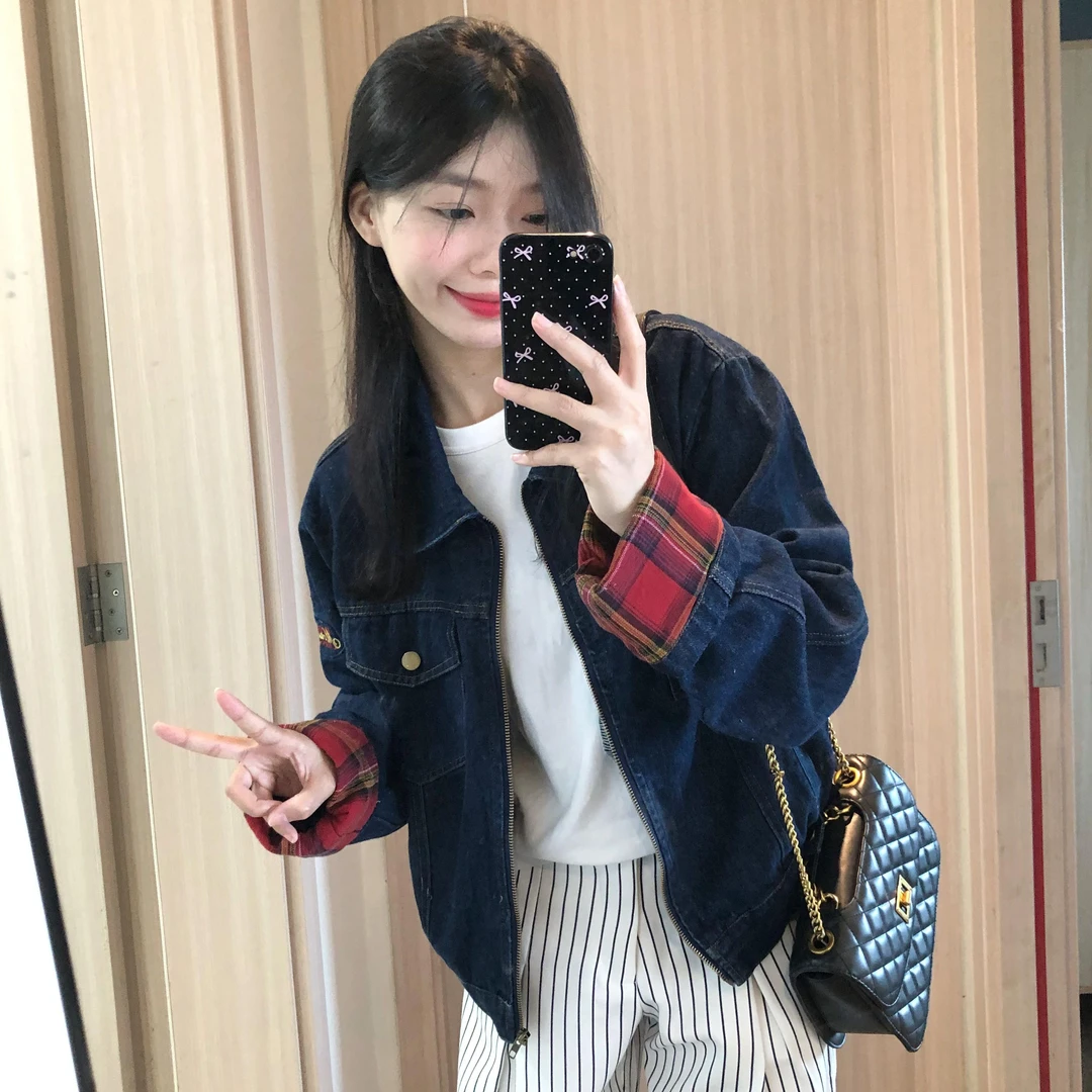 美式复古格纹拼接牛仔外套2025秋季新款女深蓝色洋气别致上衣