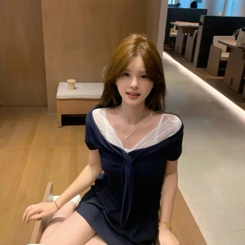 大码胖mm200斤蕾丝拼接蝴蝶结绑带短袖t恤女夏季莫代尔正肩上衣潮