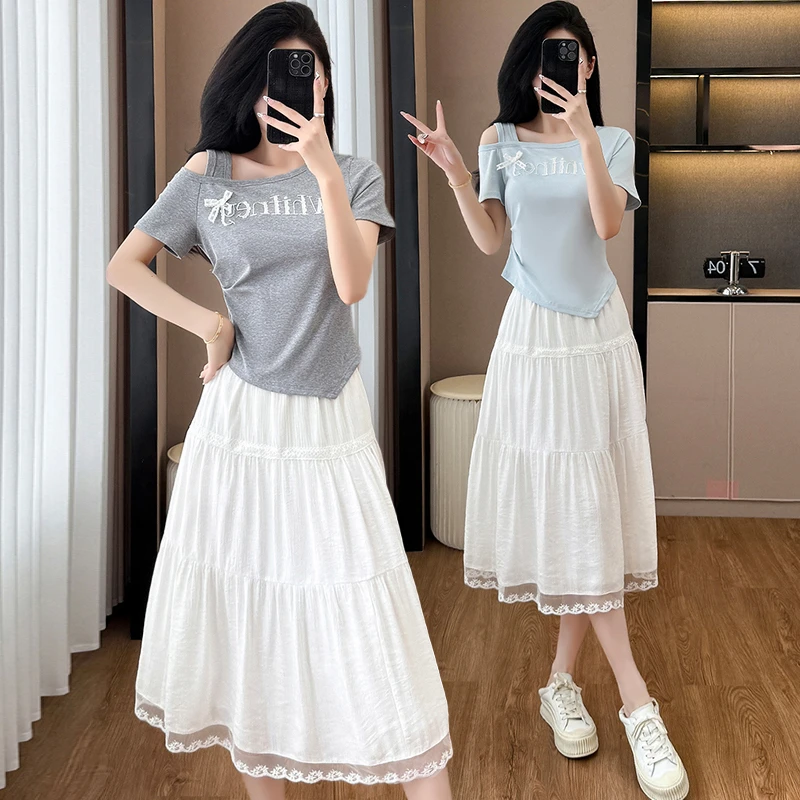 夏日绝美小套装裙女夏季2025新款性感露肩短袖T恤半身a字裙两件套