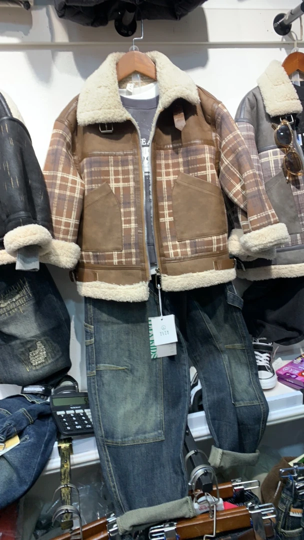 男童冬季加绒皮衣外套中大童秋冬加厚保暖上衣