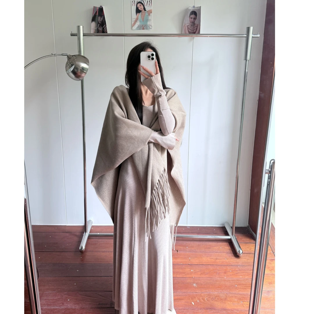 【气质人鱼】早秋新款披肩连衣裙收腰显瘦垂感打底长裙套装