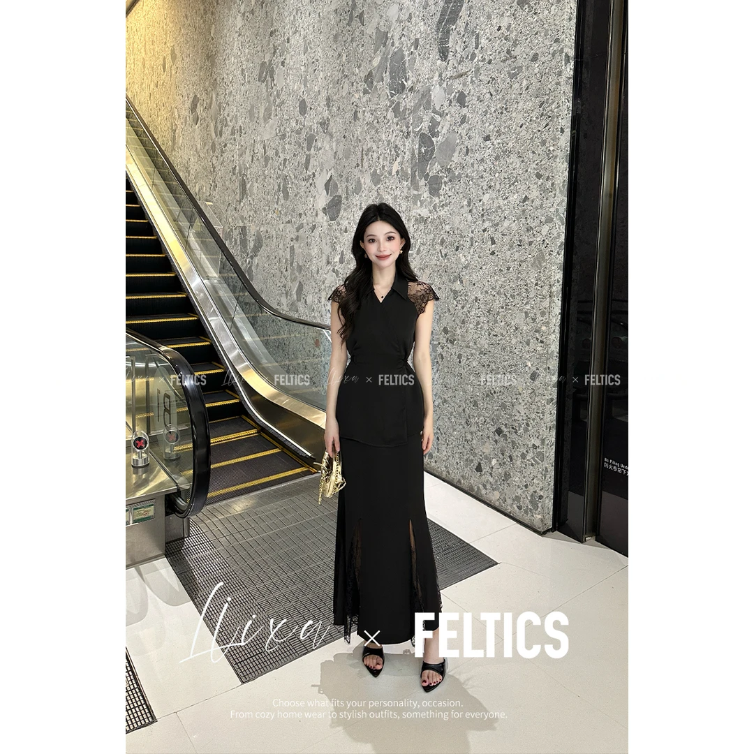 FELTICS&LIIXU夏款黑色高级感蕾丝拼接套装FQ52TZW5005