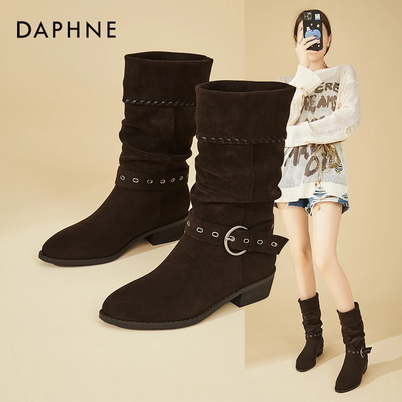 Daphne/达芙妮尖头复古堆堆靴女时尚瘦瘦靴百搭西部牛仔靴短靴