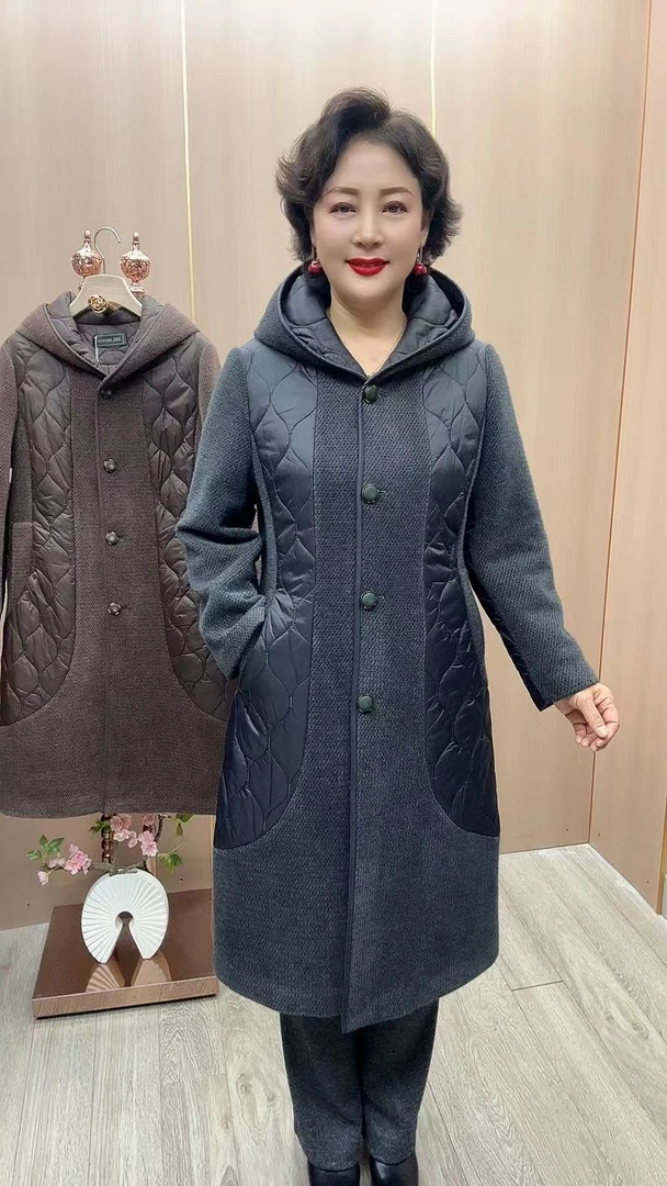 SL#25-063棉服衣长105 中老年女装妈妈装 时尚百搭长款连帽棉服