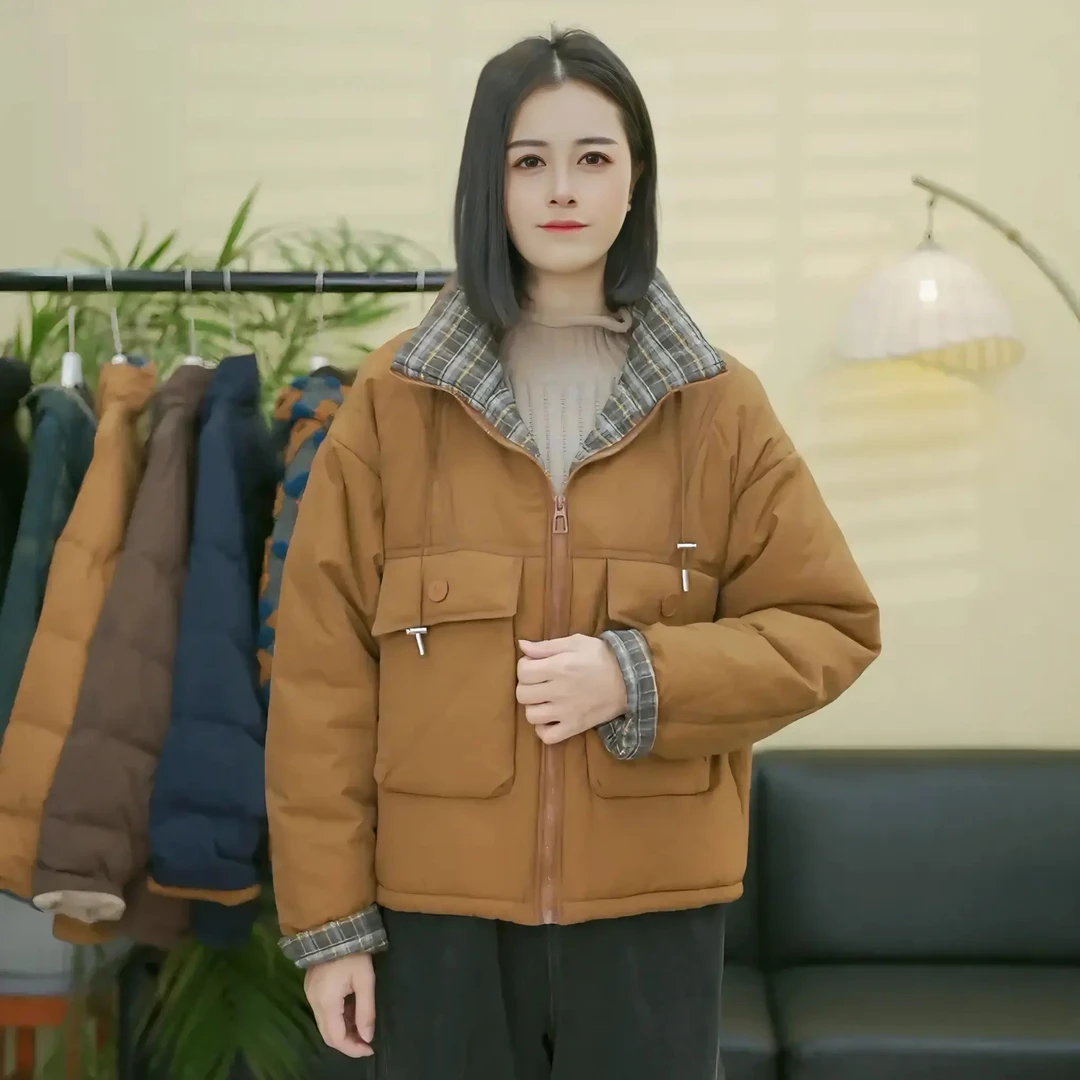时尚洋气拼接格子设计感保暖棉服外套休闲气质宽松百搭减龄棉衣