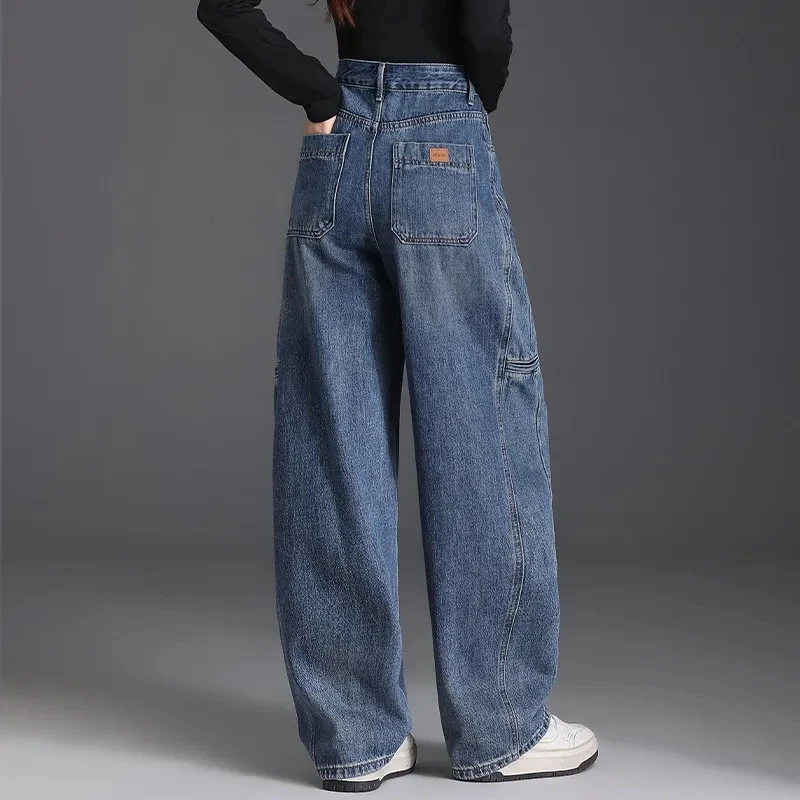 高腰阔腿牛仔裤女2025年秋冬新款宽松显瘦大码直筒裤子弯刀裤女