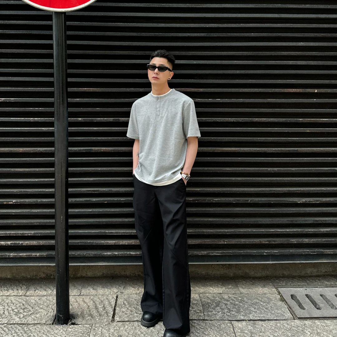 GP2 2025SS夏季设计感假两件半袖上衣男精致时尚韩版宽松短袖T恤