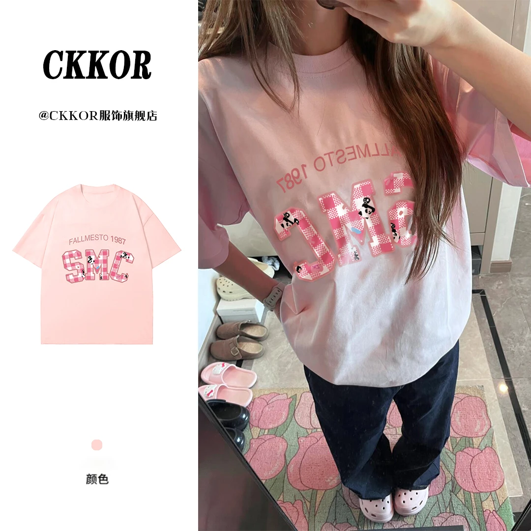 CKKOR夏季新款宽松短袖女圆领纯棉设计款韩版简约卡通t恤别致穿搭