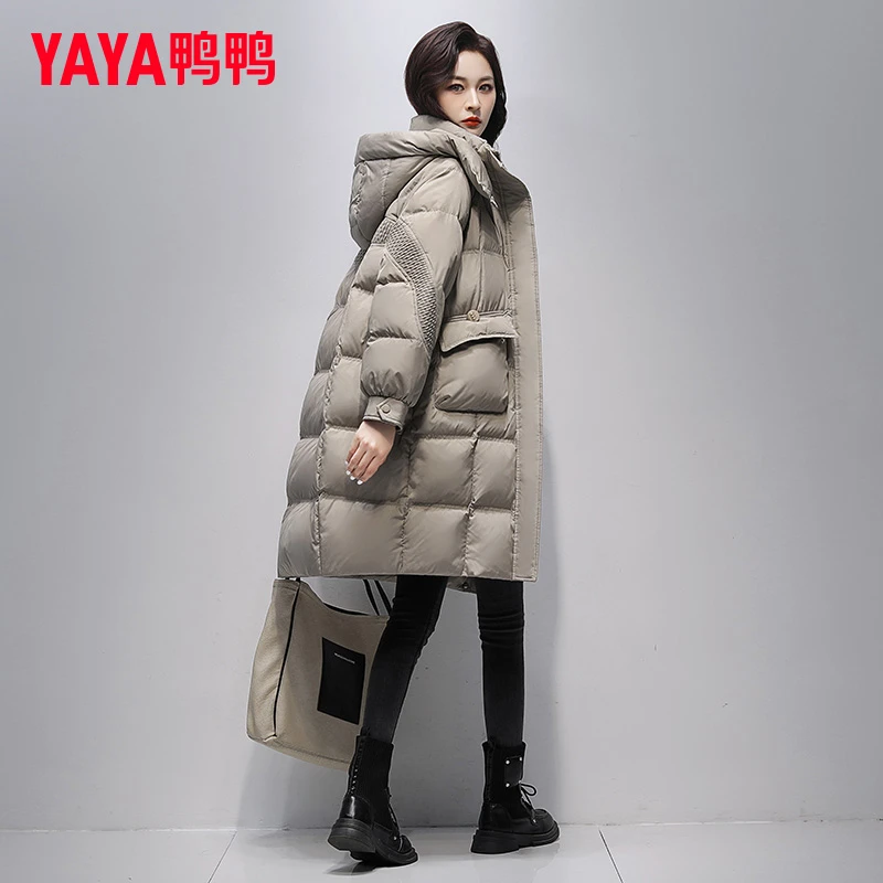 YAYA/鸭鸭羽绒服女2024新款冬季时尚中长款宽松连帽保暖加厚外套