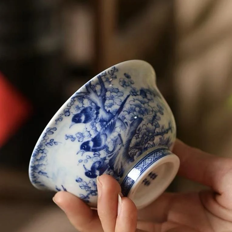 景德镇青花瓷茶杯压手杯陶瓷花鸟仿古单杯专用主人杯高档功夫茶杯
