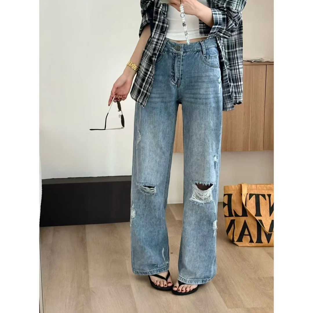 SP【松弛调调】美式破洞直筒牛仔裤女小个子宽松显瘦拖地直筒裤