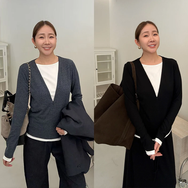 widelia陈魅儿2025秋冬新款 休闲百搭V领假两件长袖T恤上衣809925