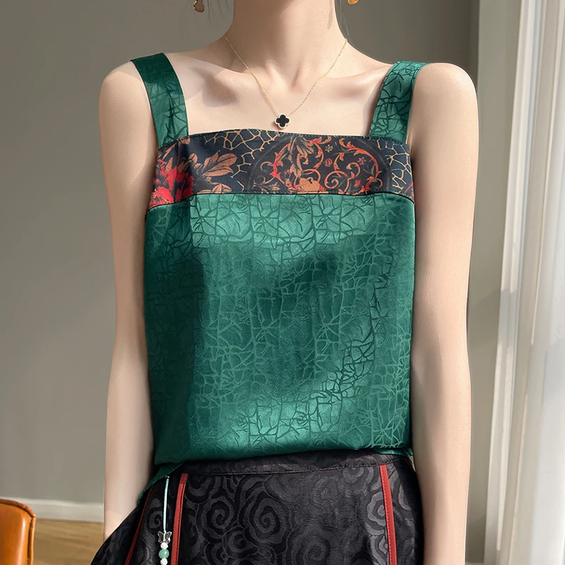 夏季缎面一字领重工提花撞色背心百搭宽松显瘦无袖女士背心吊带