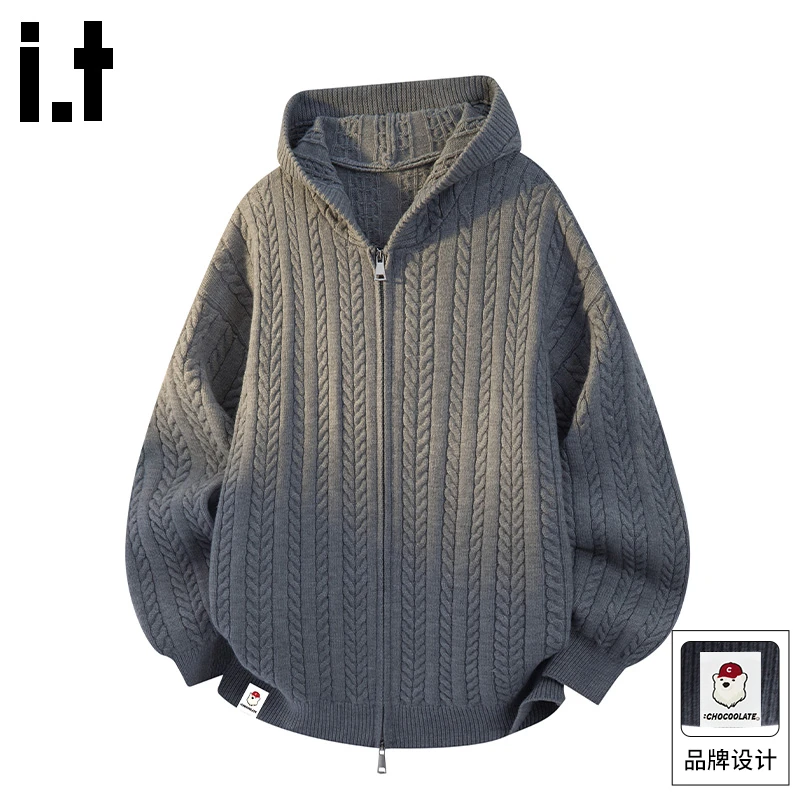 it: CHOCOOLATE麦穗纹开衫毛衣男2025秋冬季复古连帽休闲针织外套
