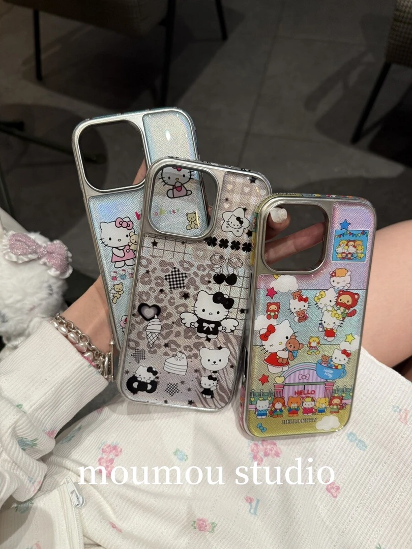 镭射侧面图案电镀银框适用iphone16苹果15promax手机壳14卡通13套